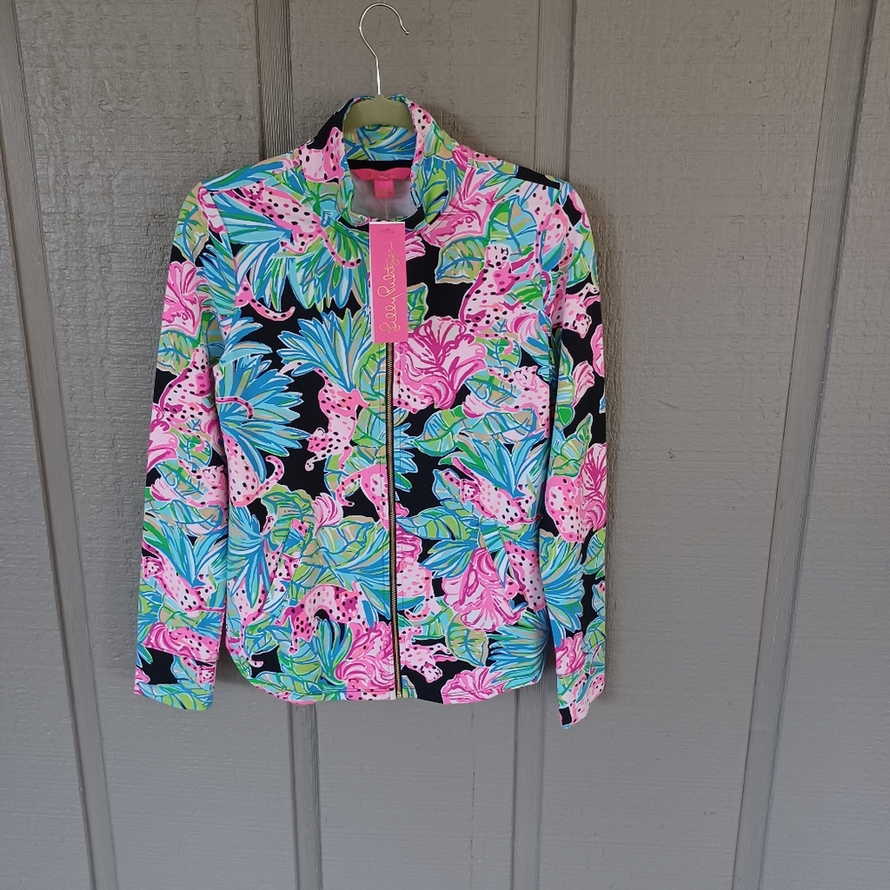 Lilly Pulitzer Leona UPF 50+ Zip Up Jacket Size XS Women In Onyx Jagar Jungle